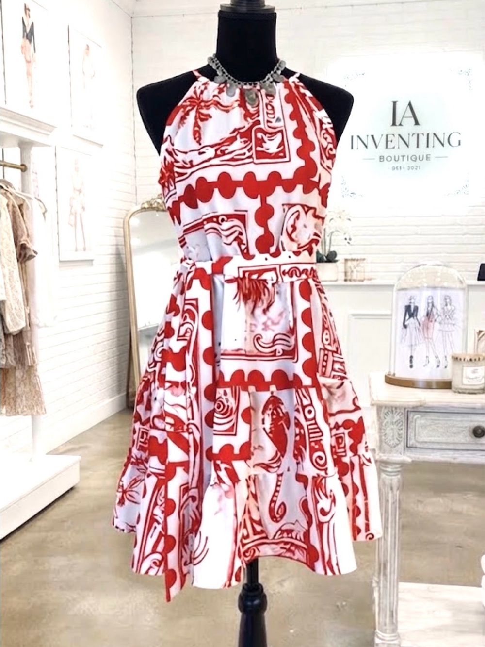 SHEIN Red White Print Halter Tiered Ruffle Midi Dress size 6